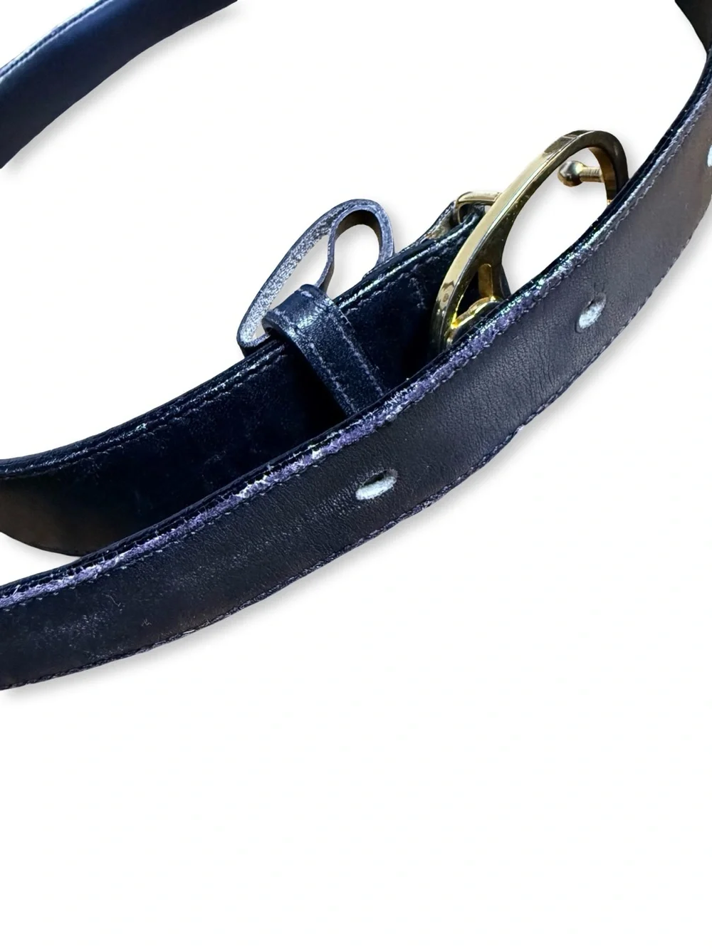 Vintage 1970s Gucci Black Leather Belt Gold Oval Interlocking GG Buckle 75 30